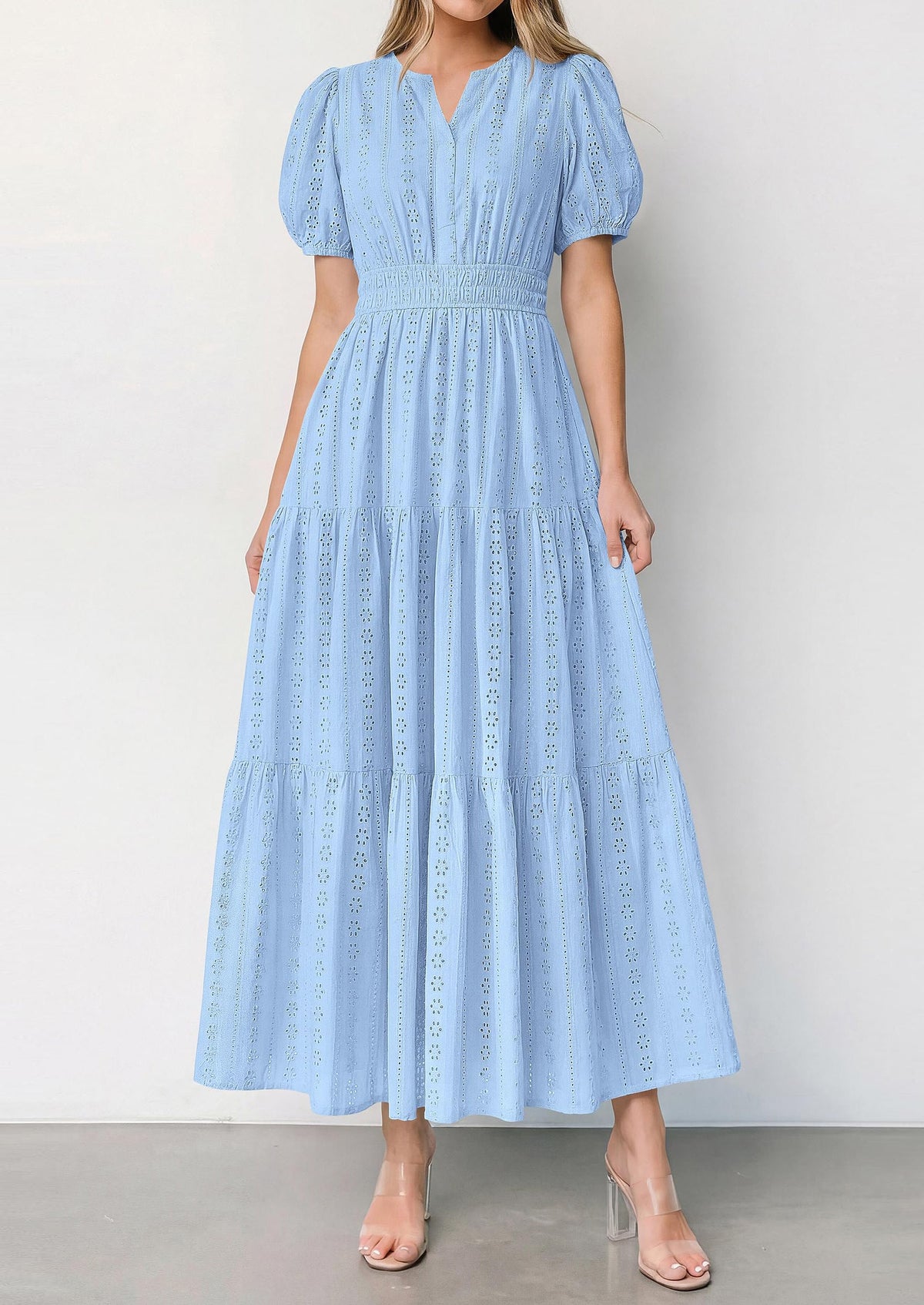 PRETTYGARDEN Womens Summer Maxi Dresses Casual Puff Sleeve V Neck Smocked Flowy Eyelet Cotton Dress Spring Sundress PRETTYGARDEN