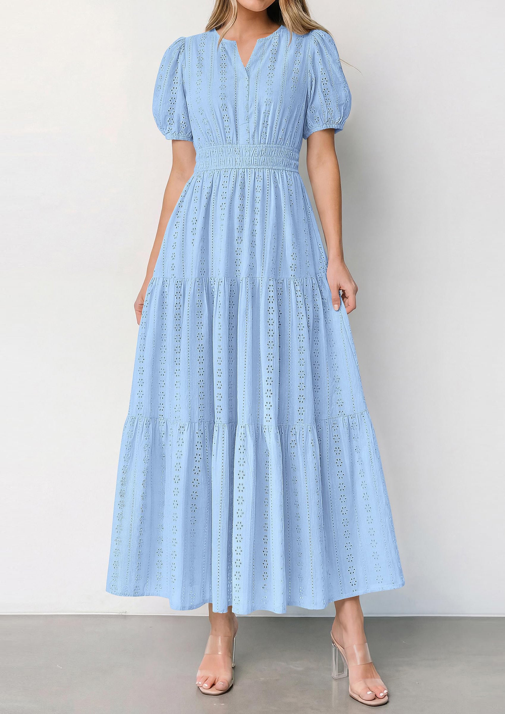 PRETTYGARDEN Womens Summer Maxi Dresses Casual Puff Sleeve V Neck Smocked Flowy Eyelet Cotton Dress Spring Sundress PRETTYGARDEN