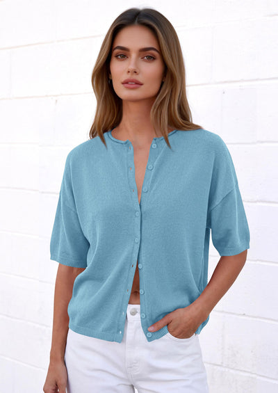 PRETTYGARDEN Women Spring Short Sleeve Cardigan Sweaters Button Down Knit Shirt Blouse Dressy Casual Tops Summer Outfits PRETTYGARDEN