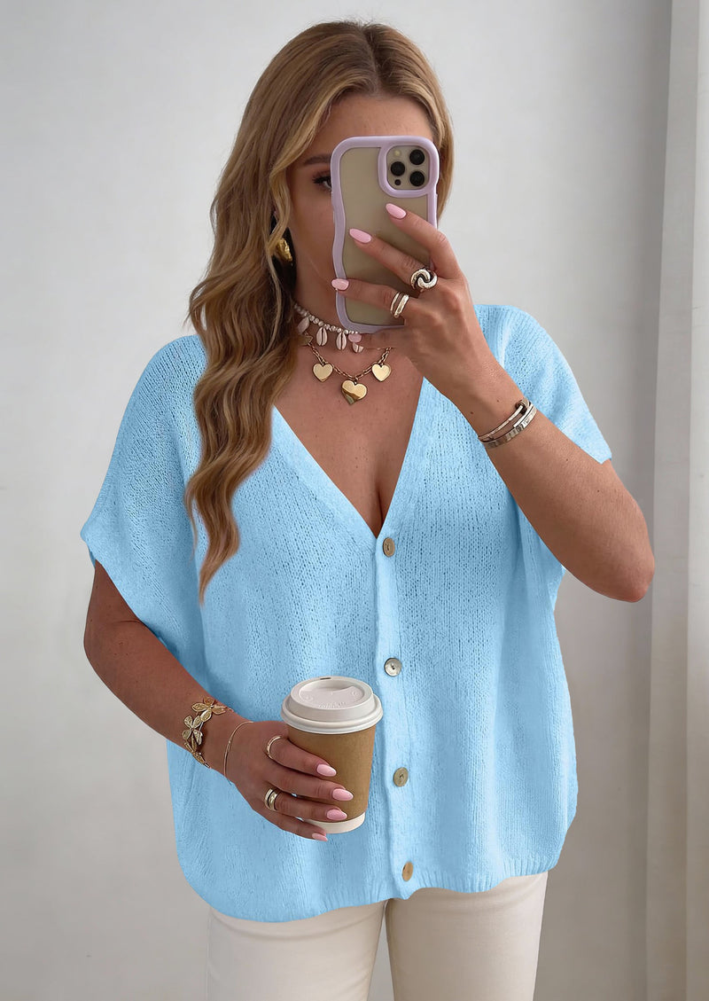 PRETTYGARDEN Batwing Short Sleeve Summer Cardigan Sweaters for Women Lightweight V Neck Button Oversized Sweater Tops PRETTYGARDEN