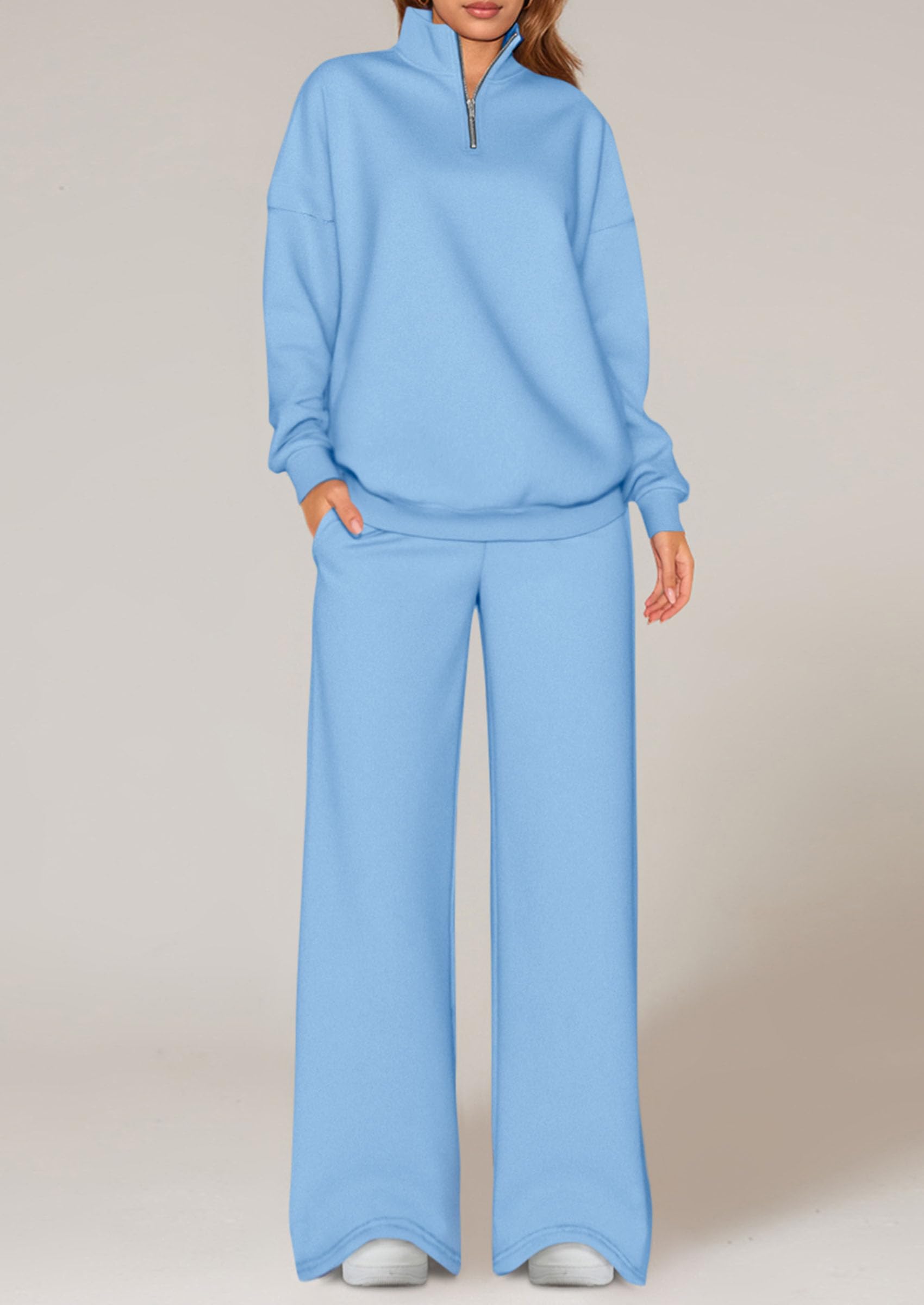 PRETTYGARDEN Womens Casual Two Piece Sets Fall Outfits Quarter Zip Sweatshirts Straight Leg Pants Sweatsuits Tracksuit