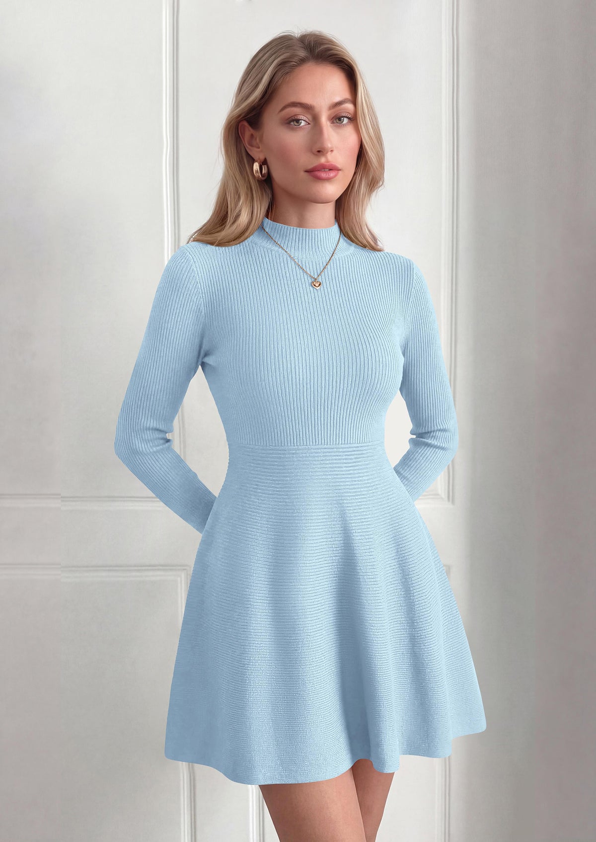 PRETTYGARDEN Womens Mock Neck Long Sleeve Sweater Mini Dress | Soft Ribbed Knit Flared A‑Line, Elegant Fall Winter Dresses for Wedding Guest, Cocktail & Holiday Party Casual Outfits
