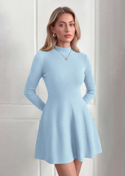 PRETTYGARDEN Womens Mock Neck Long Sleeve Sweater Mini Dress | Soft Ribbed Knit Flared A‑Line, Elegant Fall Winter Dresses for Wedding Guest, Cocktail & Holiday Party Casual Outfits