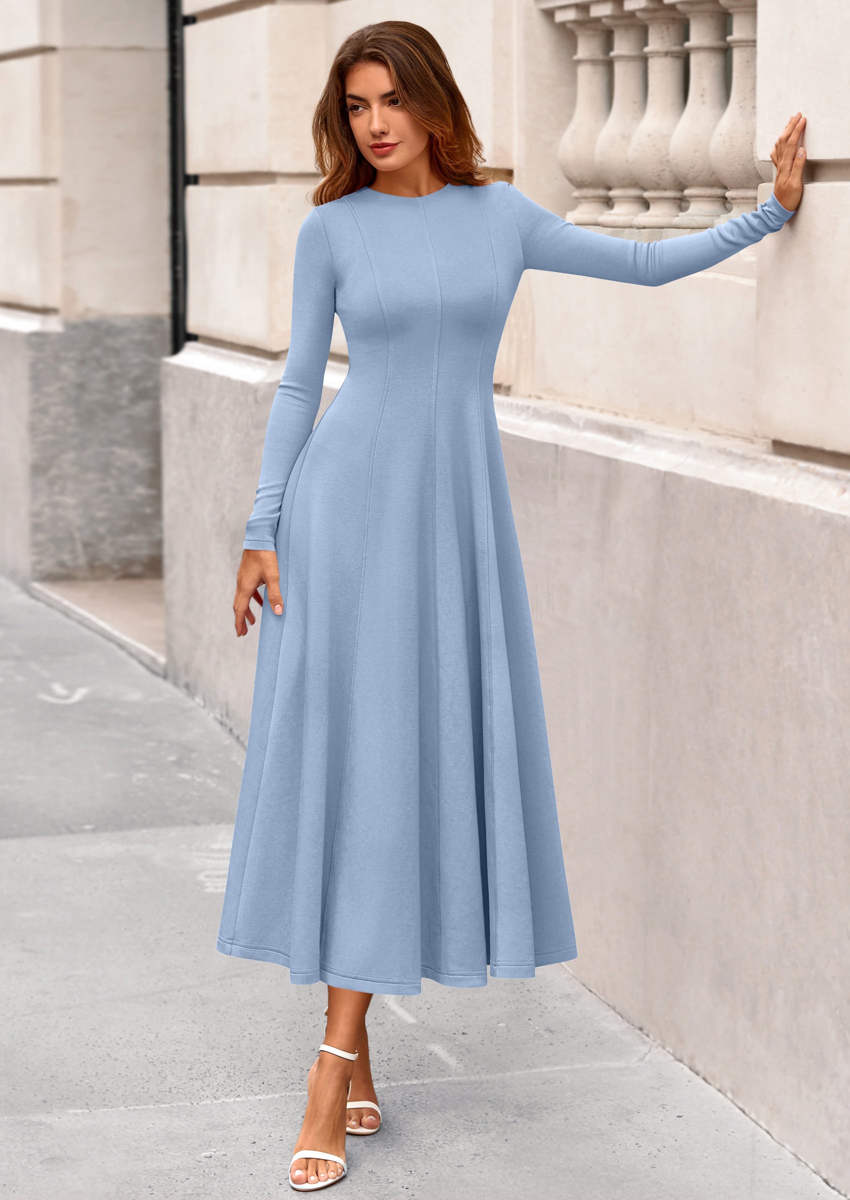 PRETTYGARDEN Women's Fall Long Sleeve Midi Dress Casual Elegant Ruffle Flowy A Line Swing Cocktail Party Dresses