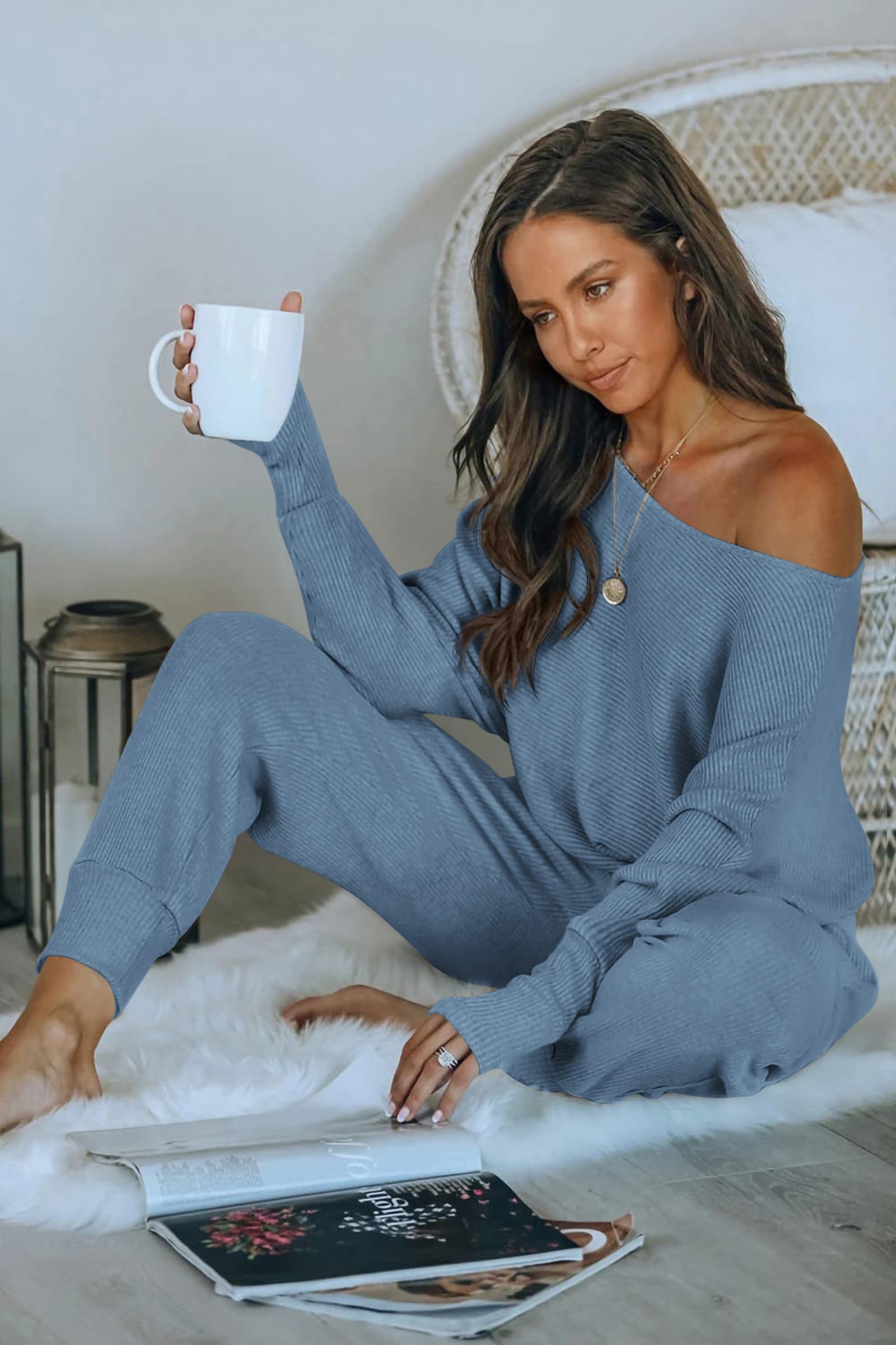 PRETTYGARDEN Women's 2 Piece Ribbed Tracksuit Outfits Off Shoulder Long Sleeve Pullover Lounge Pants with Pockets