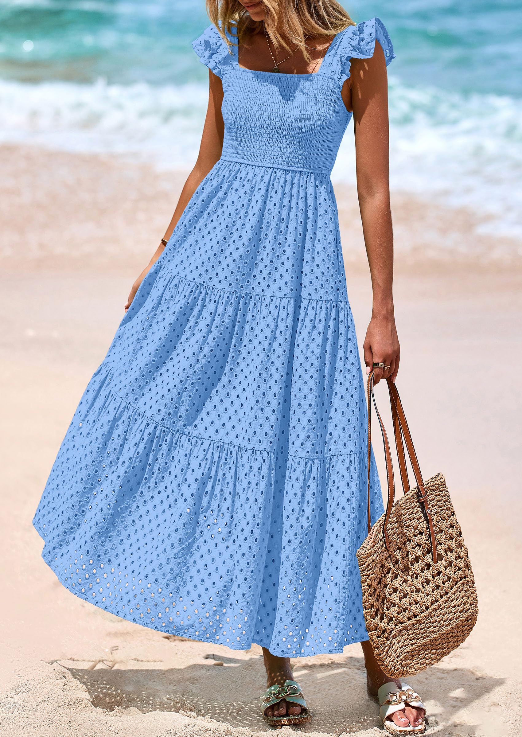 PRETTYGARDEN Womens Square Neck Maxi Dresses Cap Sleeve Eyelet Smocked Tiered A Line Flowy Long Dress with Pockets