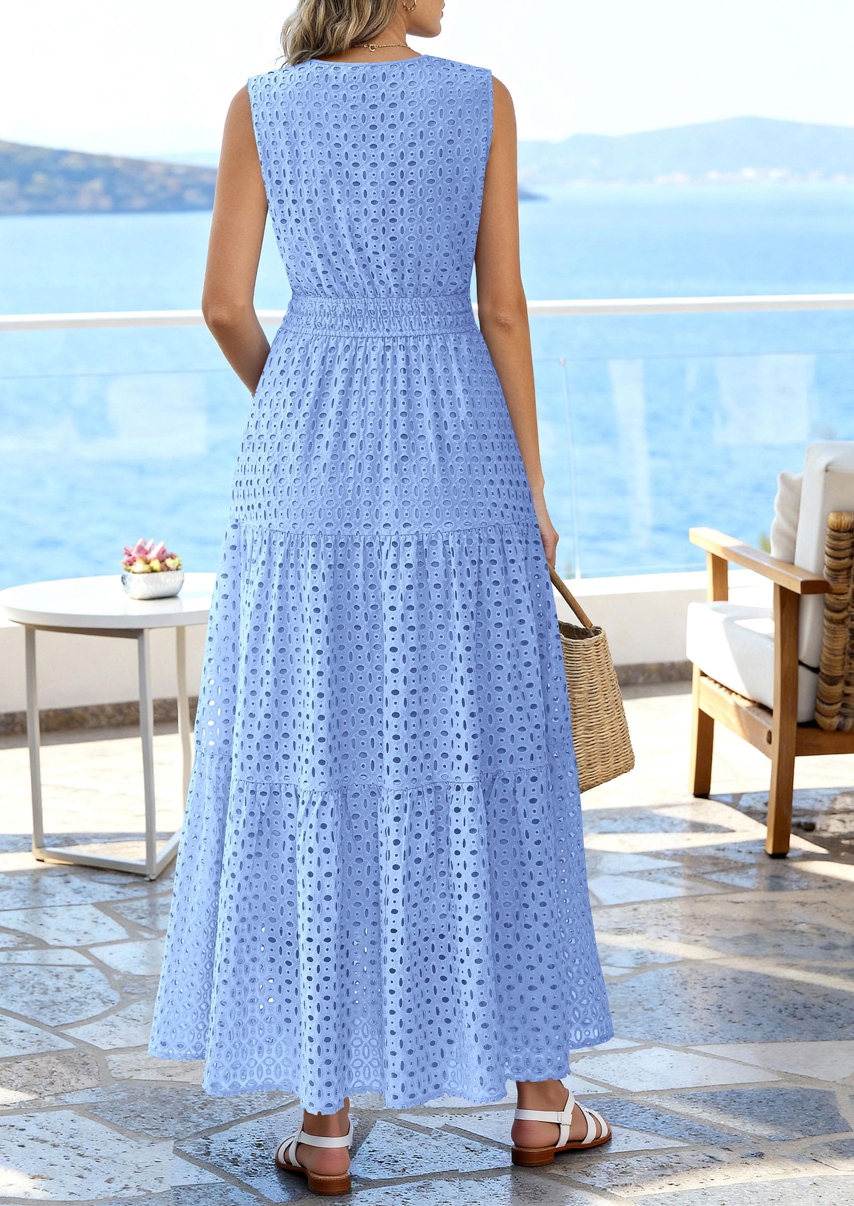 PRETTYGARDEN Summer Dresses for Women Sundresses Sleeveless V Neck Eyelet A Line Flowy Beach Vacation Spring Maxi Dress PRETTYGARDEN