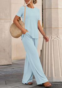 PRETTYGARDEN Summer Lounge Sets for Women 2 Piece Short Sleeve Crewneck Cute Tops and Wide Leg Pants with Pockets Pj Set PRETTYGARDEN