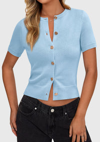 PRETTYGARDEN Womens Casual Summer Short Sleeve Cardigans Button Down Knitted Sweater Basic Crew Neck Crop Tops