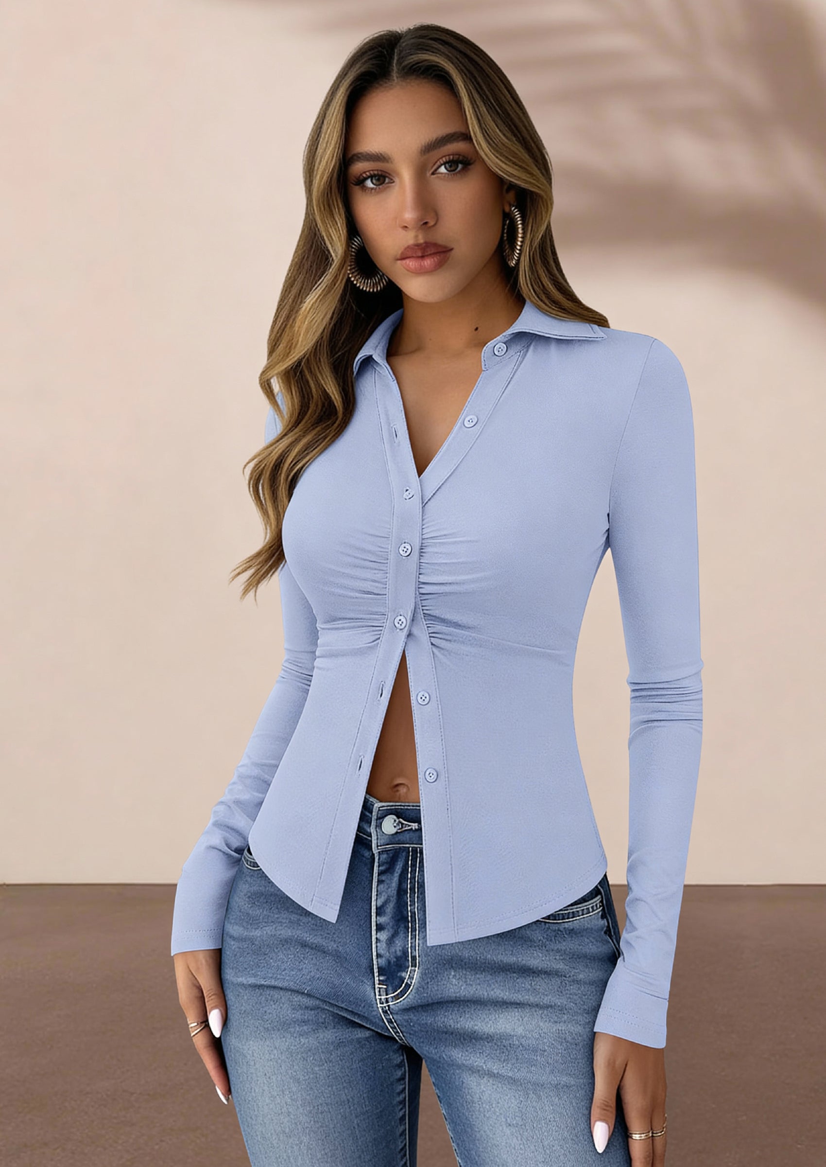 PRETTYGARDEN Womens Button Down Shirts V Neck Collared Ruched Slim Fit Long Sleeve Shirt Casual Fall Fashion Ladies Tops PRETTYGARDEN