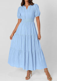 PRETTYGARDEN Womens Summer Maxi Dresses Casual Puff Sleeve V Neck Smocked Flowy Eyelet Cotton Dress Spring Sundress PRETTYGARDEN