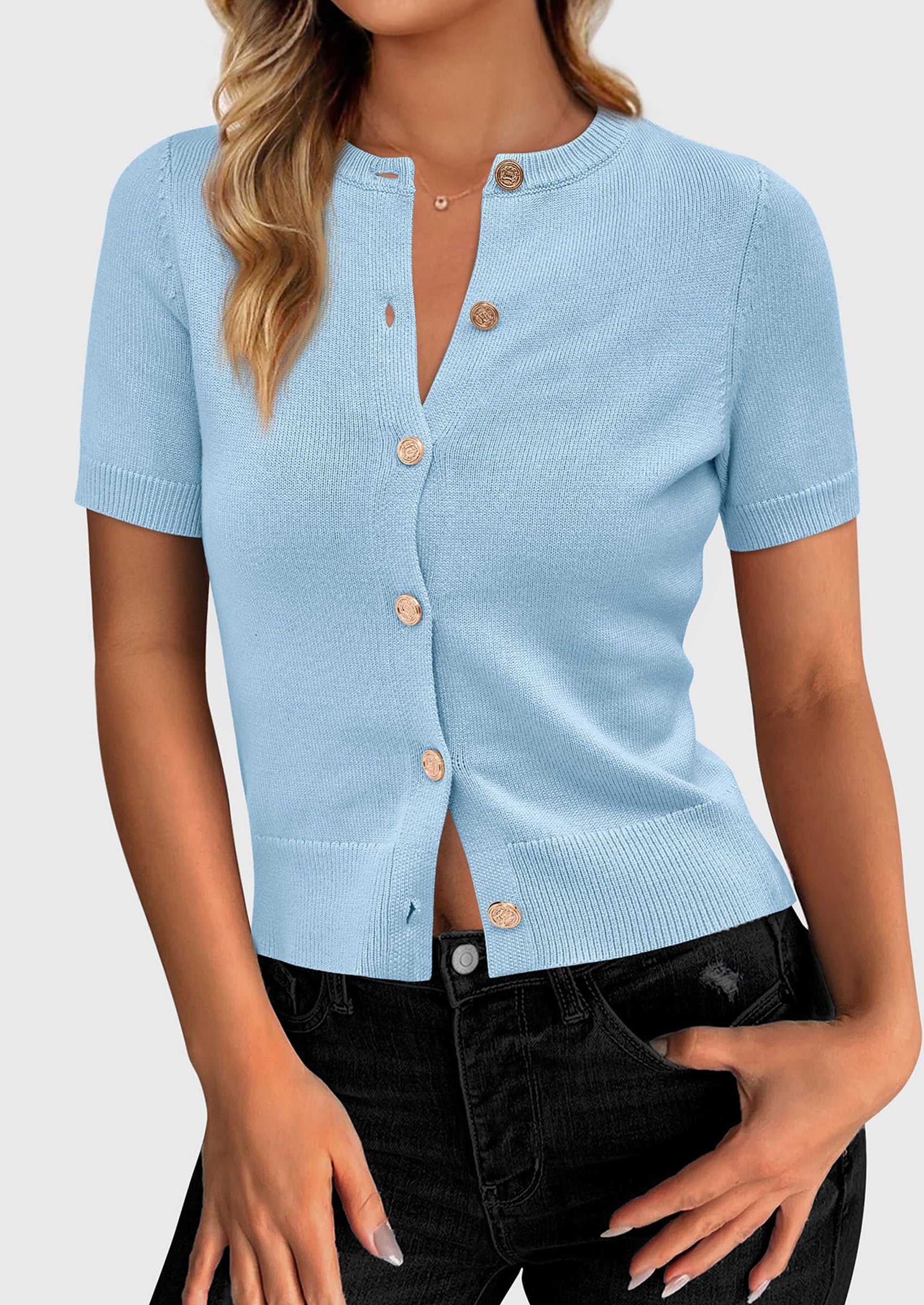 PRETTYGARDEN Womens Casual Summer Short Sleeve Cardigans Button Down Knitted Sweater Basic Crew Neck Crop Tops