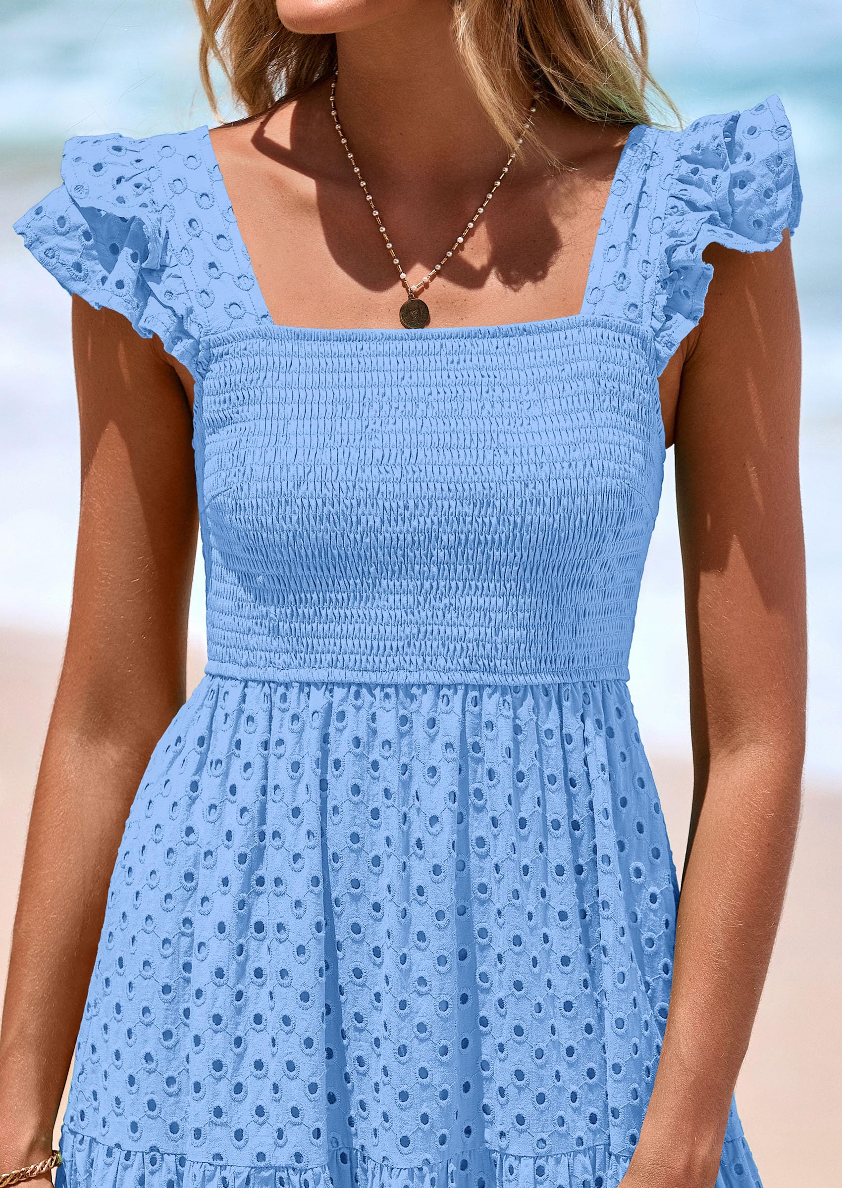 PRETTYGARDEN Womens Square Neck Maxi Dresses Cap Sleeve Eyelet Smocked Tiered A Line Flowy Long Dress with Pockets