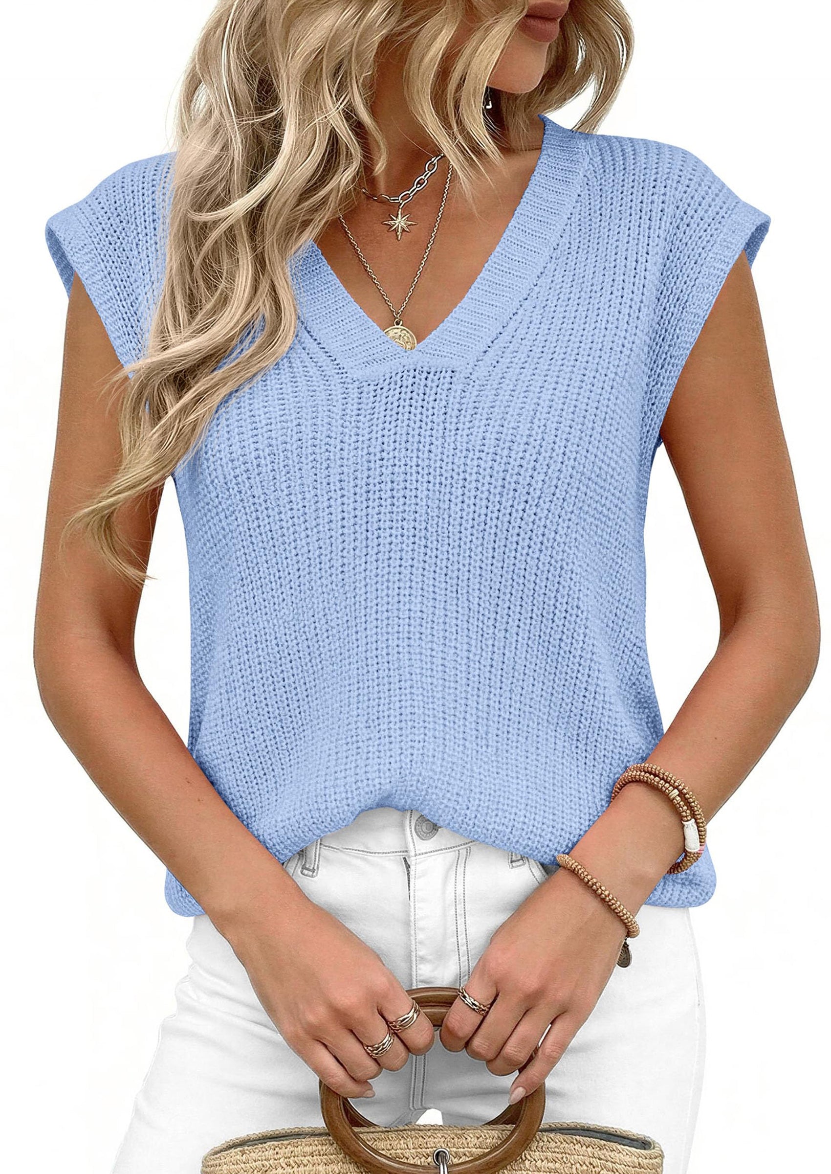 PRETTYGARDEN Women's Lightweight Sweaters Vest Spring Trendy Cap Sleeve V Neck Knit Tank Tops Summer Going Out Outfits PRETTYGARDEN