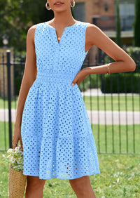 PRETTYGARDEN Women's Summer Dresses Sleeveless V Neck Eyelet Hollow Out Swing A Line Beach Vacation Sun Dress PRETTYGARDEN