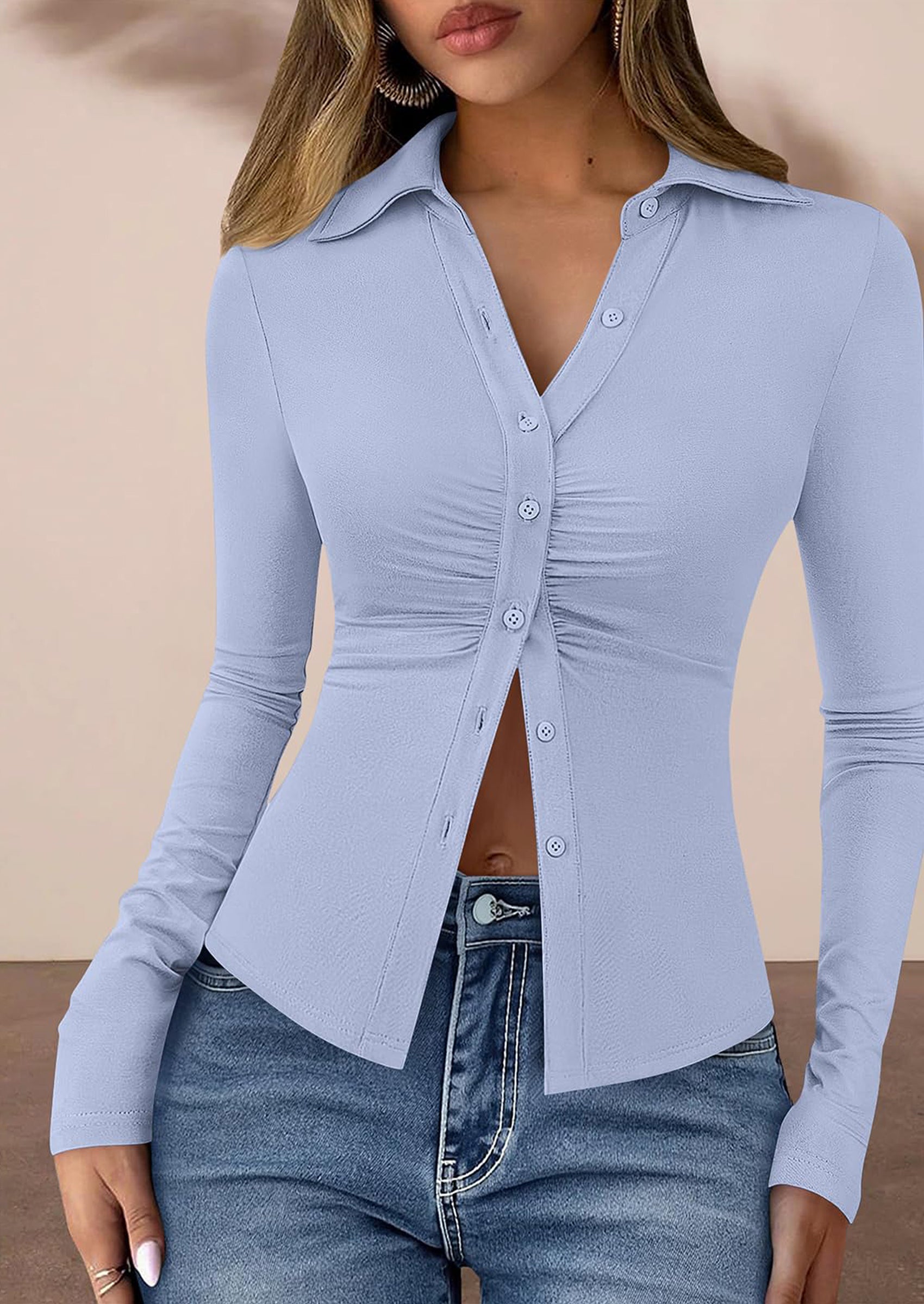 PRETTYGARDEN Womens Button Down Shirts V Neck Collared Ruched Slim Fit Long Sleeve Shirt Casual Fall Fashion Ladies Tops PRETTYGARDEN