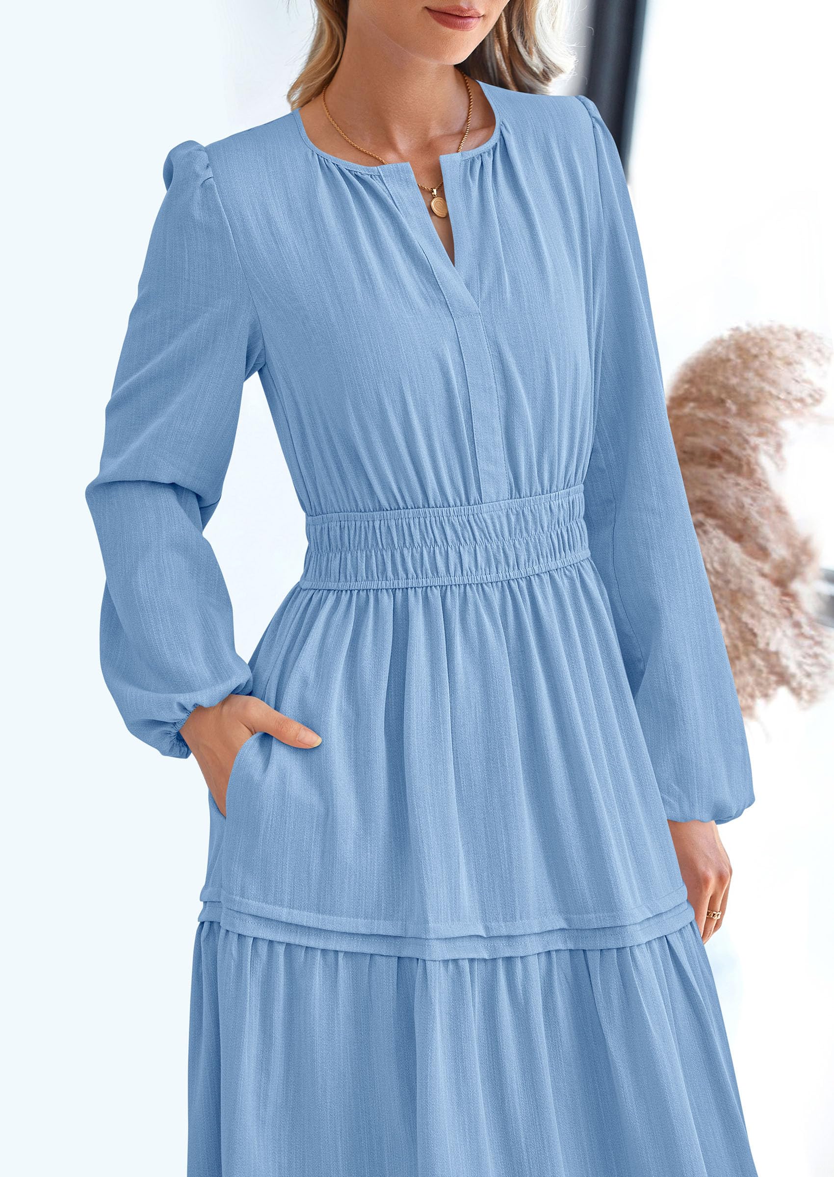 PRETTYGARDEN Women's Elegant Maxi Dresses Long Sleeve V Neck Flowy Pockets Casual Modest Dress Fall Fashion Clothes