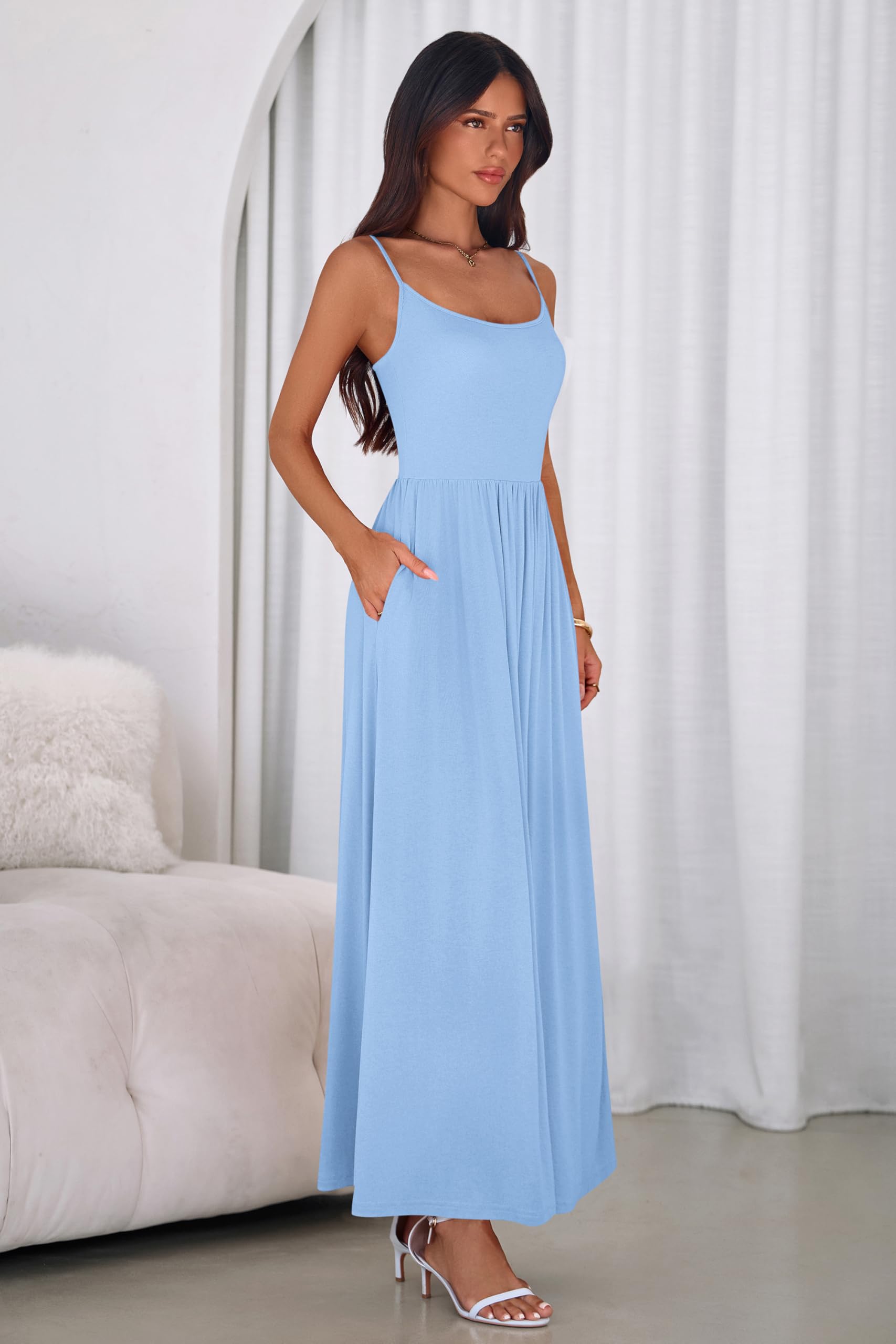 PRETTYGARDEN Womens Spaghetti Strap Maxi Dresses Sleeveless Summer Dress Long Casual Knit Flowy Beach Sundresses with Pockets PRETTYGARDEN