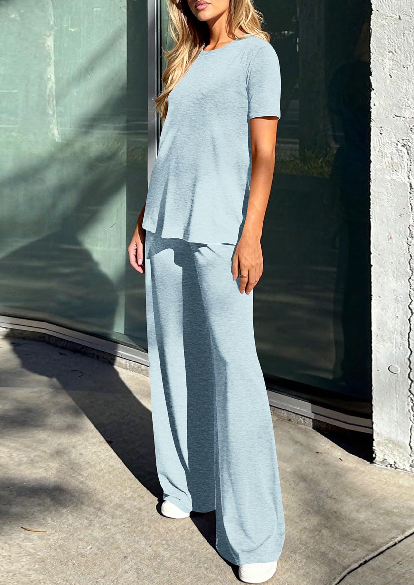 PRETTYGARDEN Summer Lounge Sets for Women 2 Piece Short Sleeve Crewneck Cute Tops and Wide Leg Pants with Pockets Pj Set PRETTYGARDEN