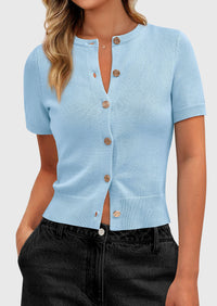 PRETTYGARDEN Womens Casual Summer Short Sleeve Cardigans Button Down Knitted Sweater Basic Crew Neck Crop Tops