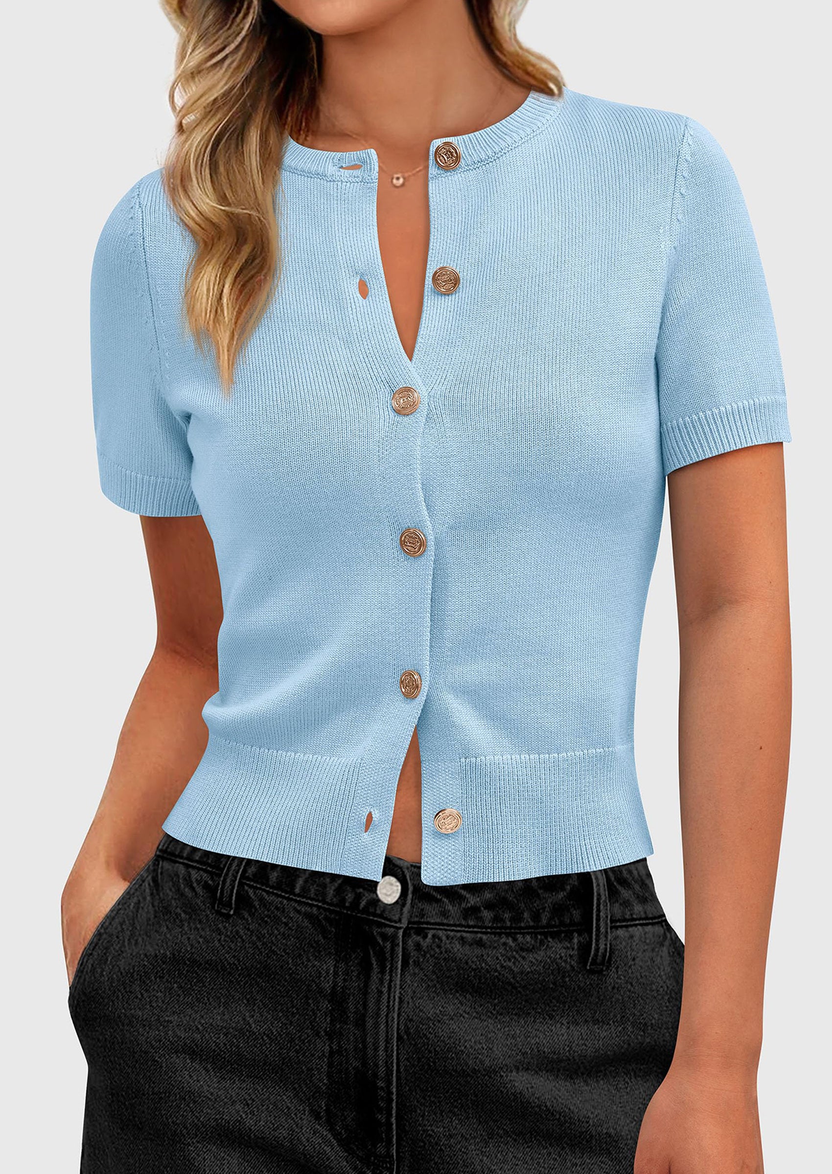 PRETTYGARDEN Womens Casual Summer Short Sleeve Cardigans Button Down Knitted Sweater Basic Crew Neck Crop Tops