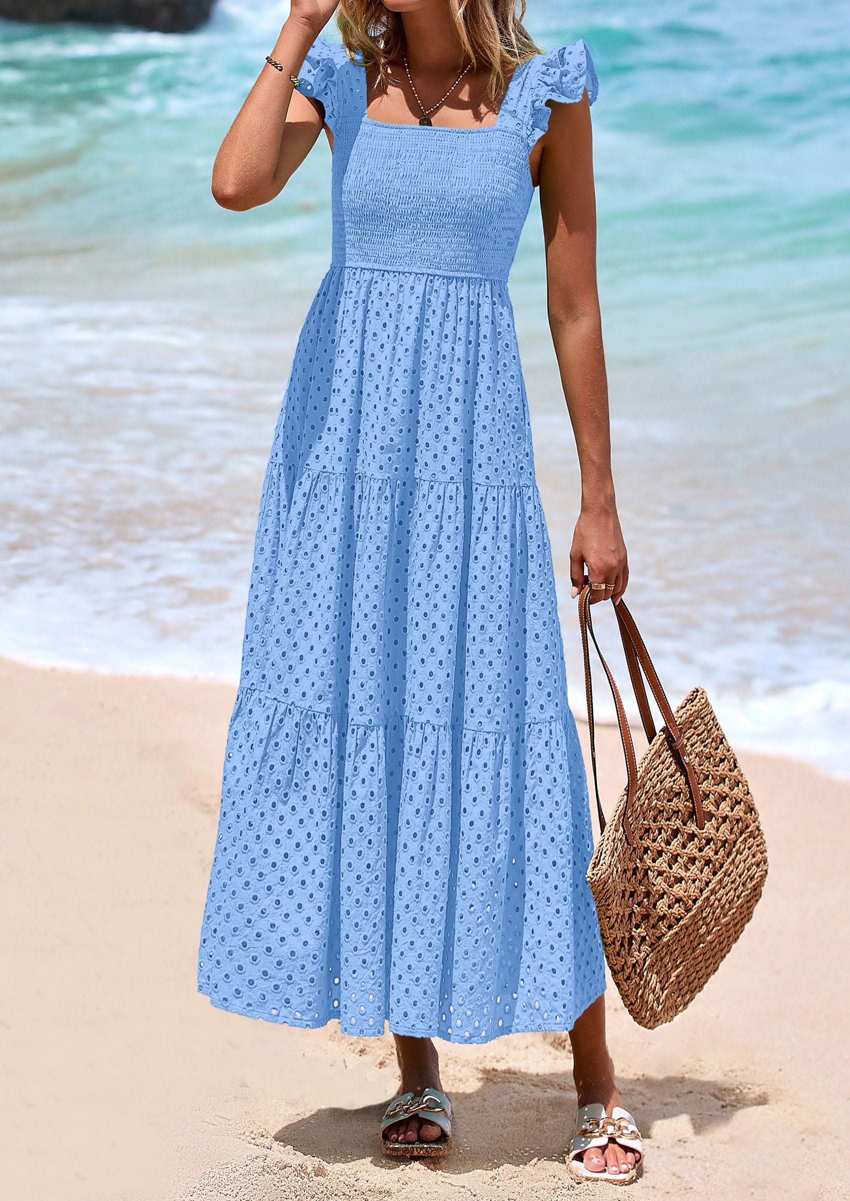 PRETTYGARDEN Womens Square Neck Maxi Dresses Cap Sleeve Eyelet Smocked Tiered A Line Flowy Long Dress with Pockets