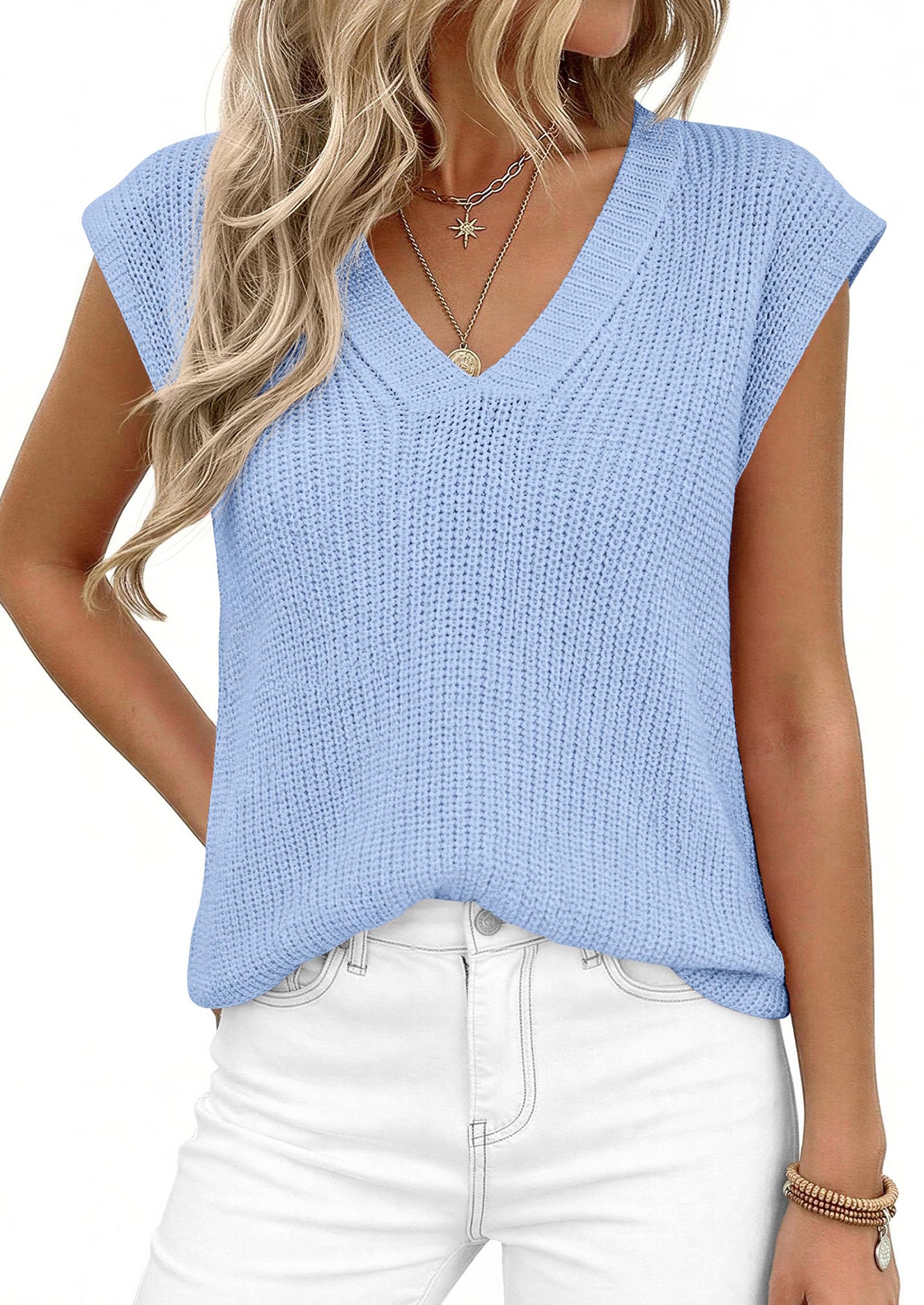 PRETTYGARDEN Women's Lightweight Sweaters Vest Spring Trendy Cap Sleeve V Neck Knit Tank Tops Summer Going Out Outfits PRETTYGARDEN