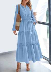 PRETTYGARDEN Women's Elegant Maxi Dresses Long Sleeve V Neck Flowy Pockets Casual Modest Dress Fall Fashion Clothes