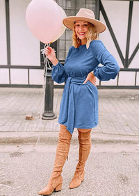 PRETTYGARDEN Womens Fall Elegant Long Lantern Sleeve Short Dress Wedding Guest Crewneck Tie Waist Knit Cocktail Dresses PRETTYGARDEN