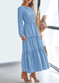 PRETTYGARDEN Women's Elegant Maxi Dresses Long Sleeve V Neck Flowy Pockets Casual Modest Dress Fall Fashion Clothes