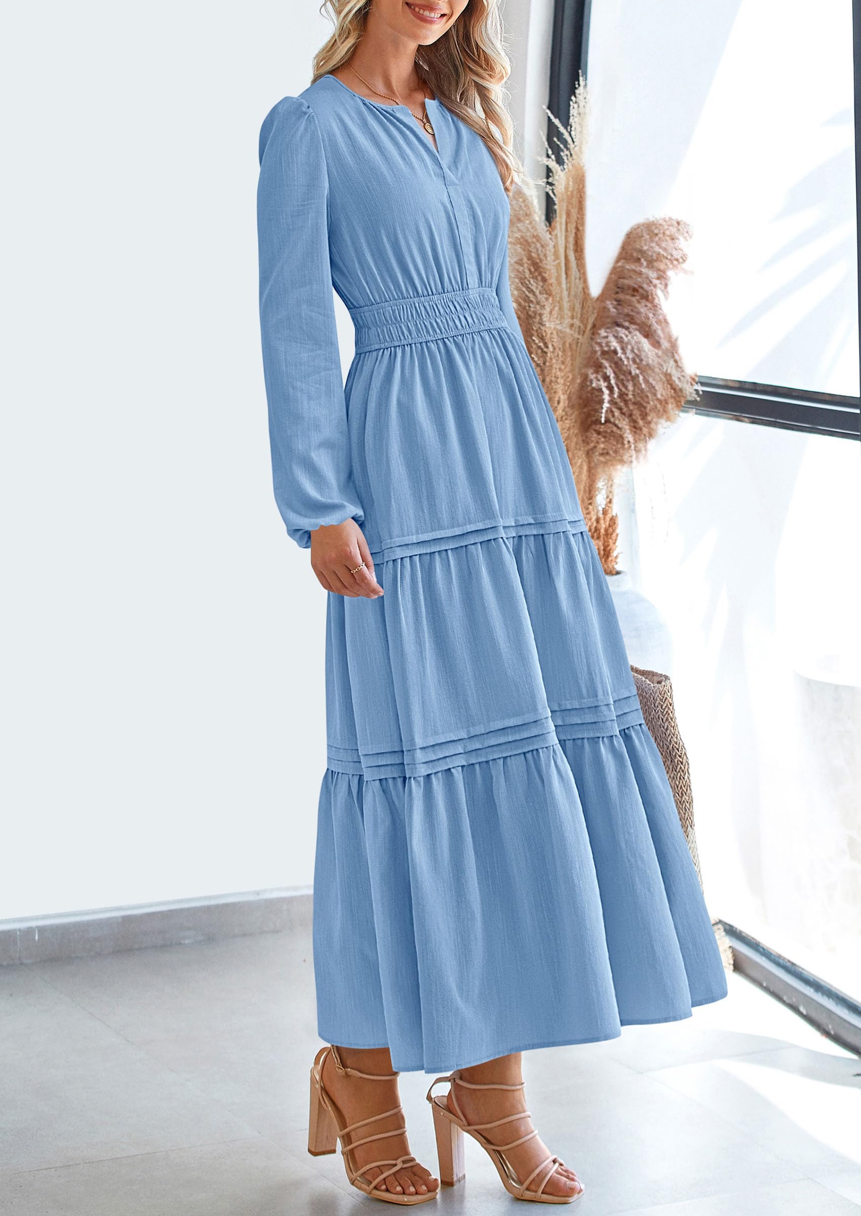 PRETTYGARDEN Women's Elegant Maxi Dresses Long Sleeve V Neck Flowy Pockets Casual Modest Dress Fall Fashion Clothes