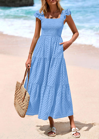 PRETTYGARDEN Womens Square Neck Maxi Dresses Cap Sleeve Eyelet Smocked Tiered A Line Flowy Long Dress with Pockets