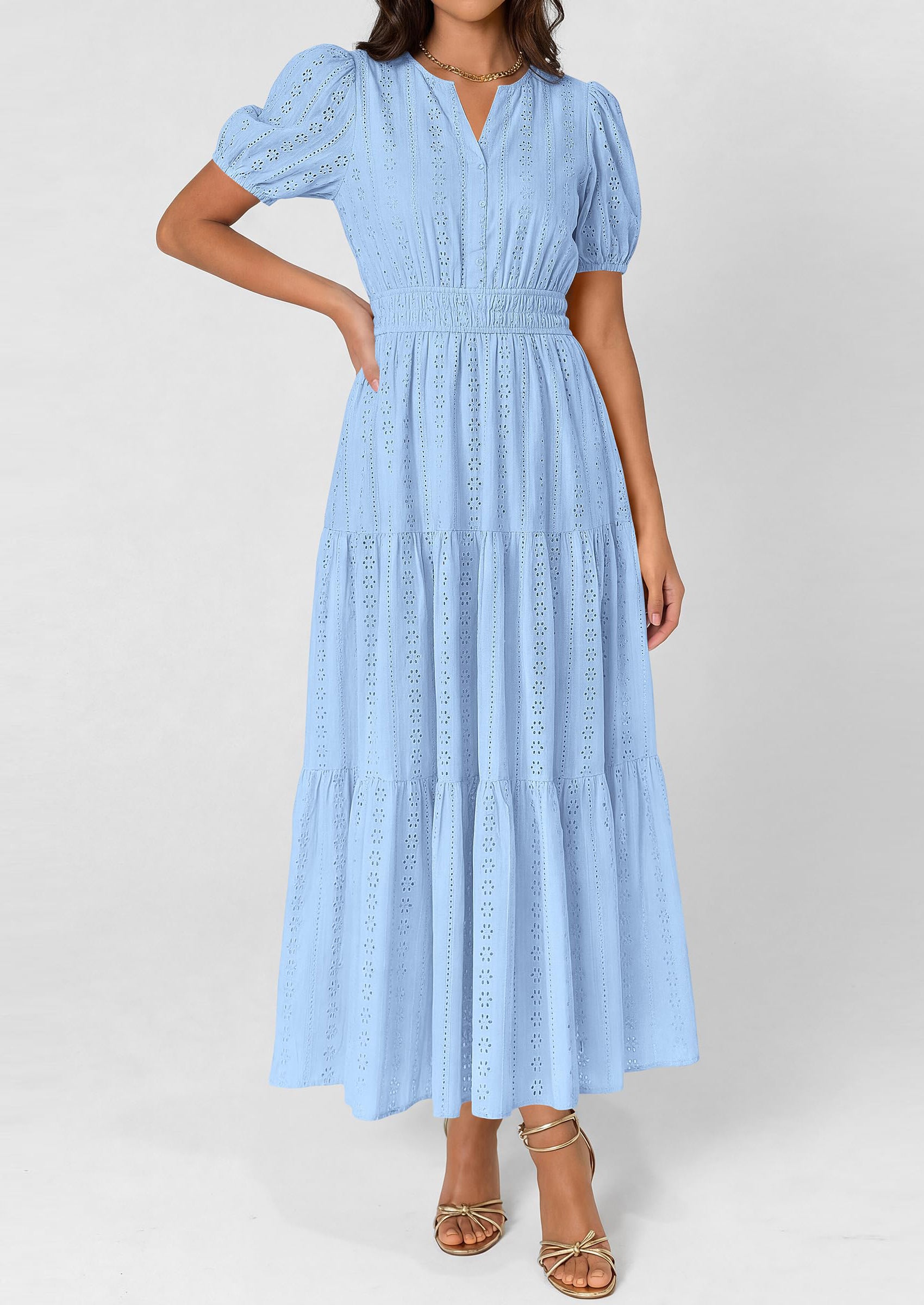 PRETTYGARDEN Womens Summer Maxi Dresses Casual Puff Sleeve V Neck Smocked Flowy Eyelet Cotton Dress Spring Sundress PRETTYGARDEN