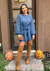 PRETTYGARDEN Womens Fall Elegant Long Lantern Sleeve Short Dress Wedding Guest Crewneck Tie Waist Knit Cocktail Dresses PRETTYGARDEN