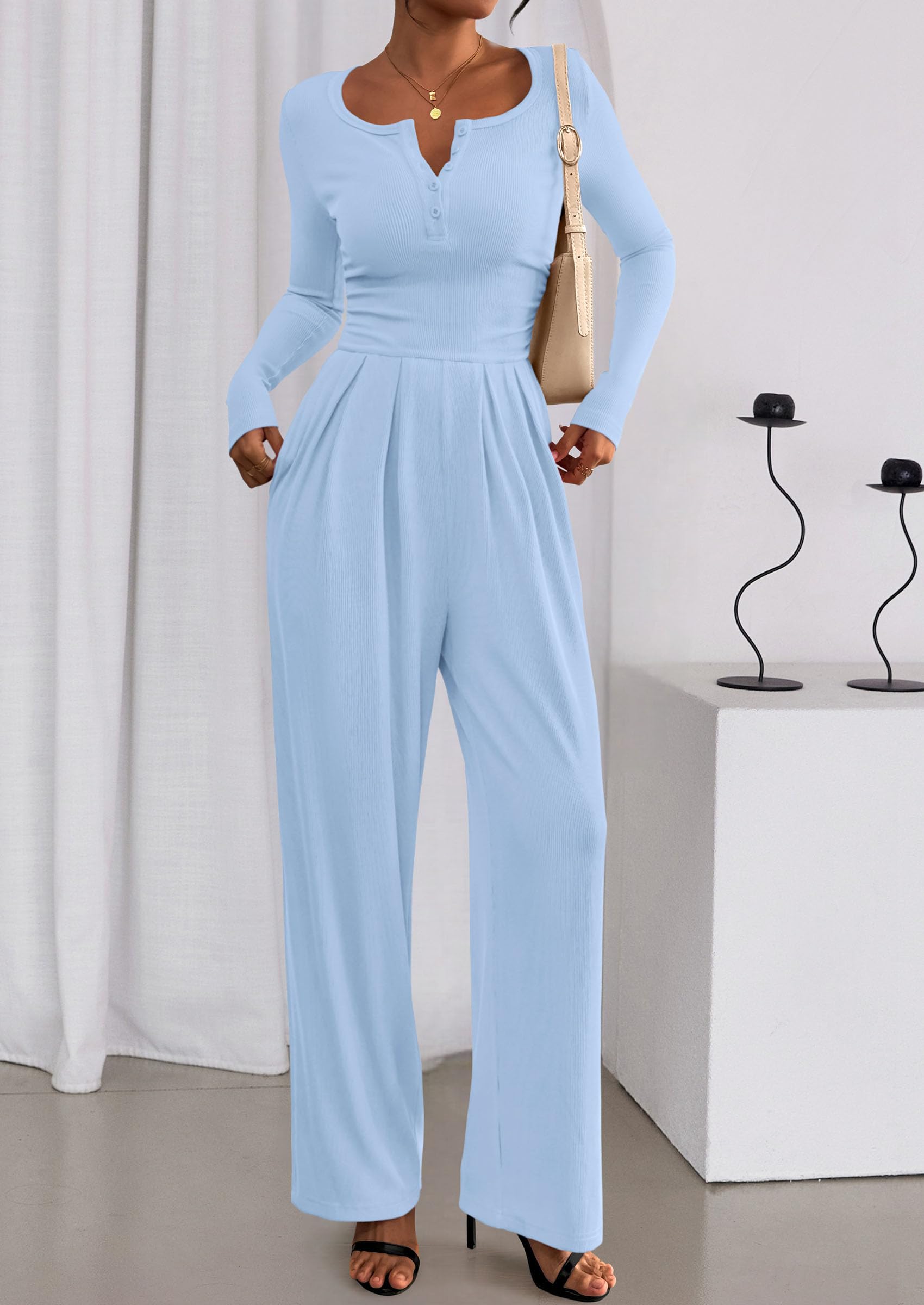 PRETTYGARDEN Jumpsuits for Women Dressy Casual Fall One Piece Outfits Long Sleeve Crew Neck Wide Leg Pants Rompers