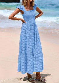 PRETTYGARDEN Womens Square Neck Maxi Dresses Cap Sleeve Eyelet Smocked Tiered A Line Flowy Long Dress with Pockets