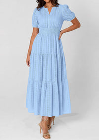 PRETTYGARDEN Womens Summer Maxi Dresses Casual Puff Sleeve V Neck Smocked Flowy Eyelet Cotton Dress Spring Sundress PRETTYGARDEN