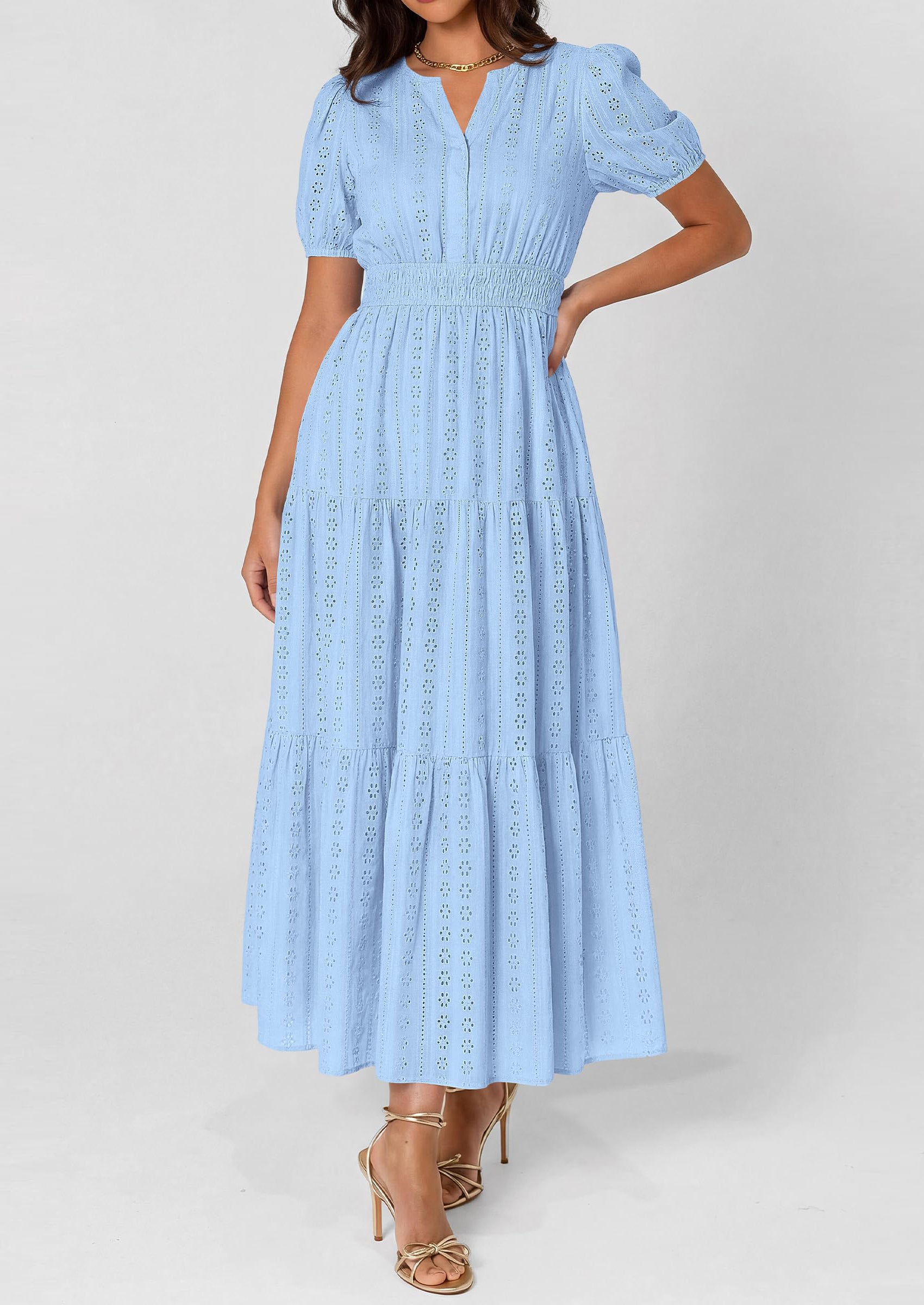 PRETTYGARDEN Womens Summer Maxi Dresses Casual Puff Sleeve V Neck Smocked Flowy Eyelet Cotton Dress Spring Sundress PRETTYGARDEN