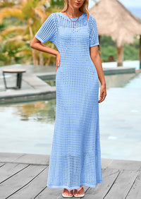 PRETTYGARDEN Womens Eyelet Cover Up Dress Summer Vacation Resort Maxi Dresses Beach Short Sleeve Hollow Out Sundress