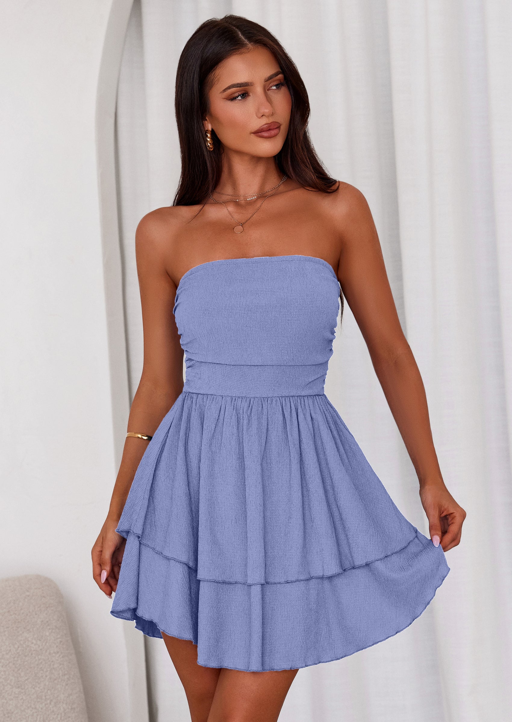 PRETTYGARDEN Women's Summer Strapless Tube Mini Dress Off Shoulder Smocked Ruffle A Line Flowy Short Party Club Dresses