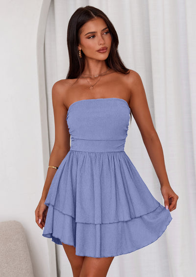 PRETTYGARDEN Women's Summer Strapless Tube Mini Dress Off Shoulder Smocked Ruffle A Line Flowy Short Party Club Dresses