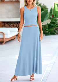 PRETTYGARDEN 2 Piece Maxi Skirt Sets Casual Knit Cropped Tank Top High Waisted Long Skirts Outfit