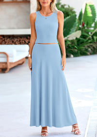 PRETTYGARDEN 2 Piece Maxi Skirt Sets Casual Knit Cropped Tank Top High Waisted Long Skirts Outfit