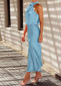 PRETTYGARDEN Women's Summer Satin Dress Elegant Sleeveless Mock Neck Cocktail Party Maxi Dresses