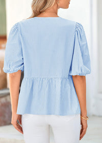 PRETTYGARDEN Women's Tie Front Striped Shirt Summer Trendy Fashion Cute Babydoll Tops Peplum Puffy Sleeve Blouse