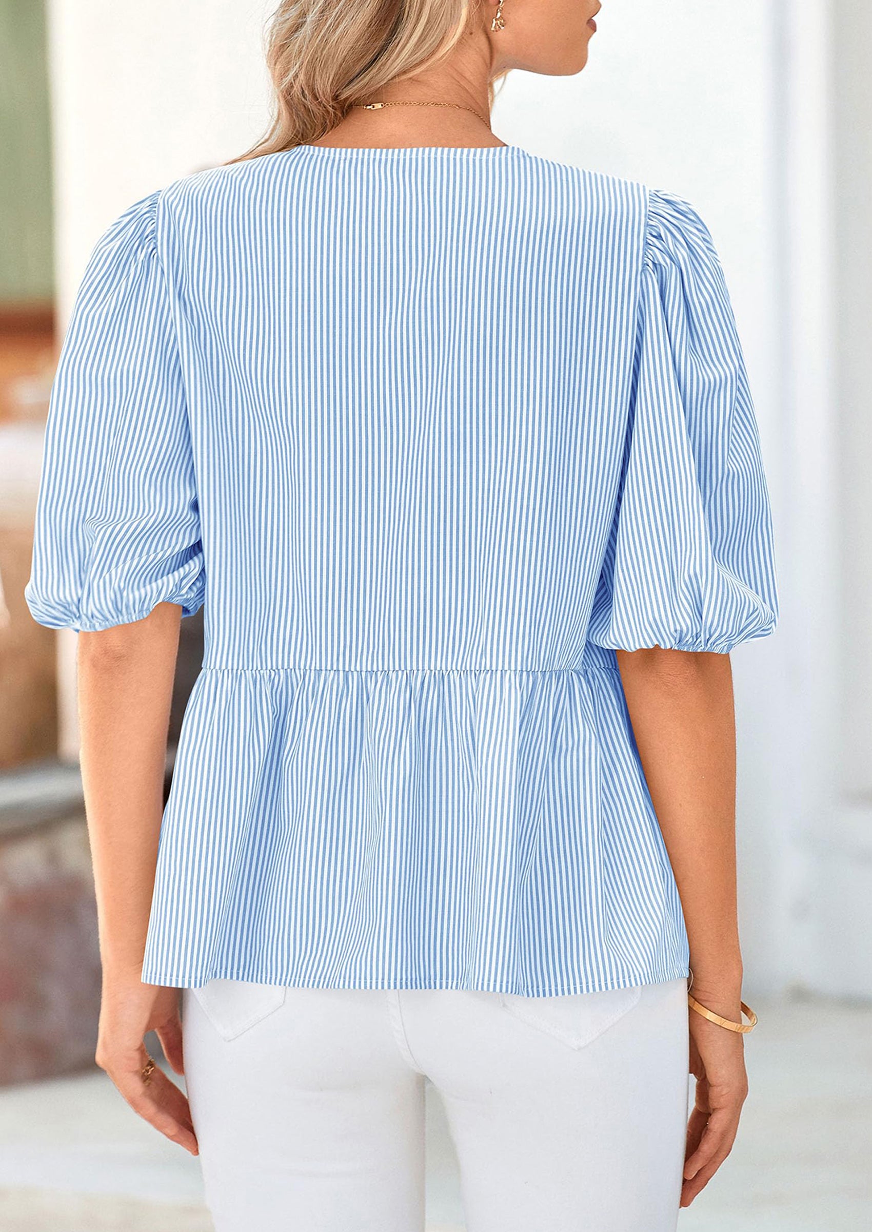 PRETTYGARDEN Women's Tie Front Striped Shirt Summer Trendy Fashion Cute Babydoll Tops Peplum Puffy Sleeve Blouse