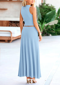 PRETTYGARDEN 2 Piece Maxi Skirt Sets Casual Knit Cropped Tank Top High Waisted Long Skirts Outfit