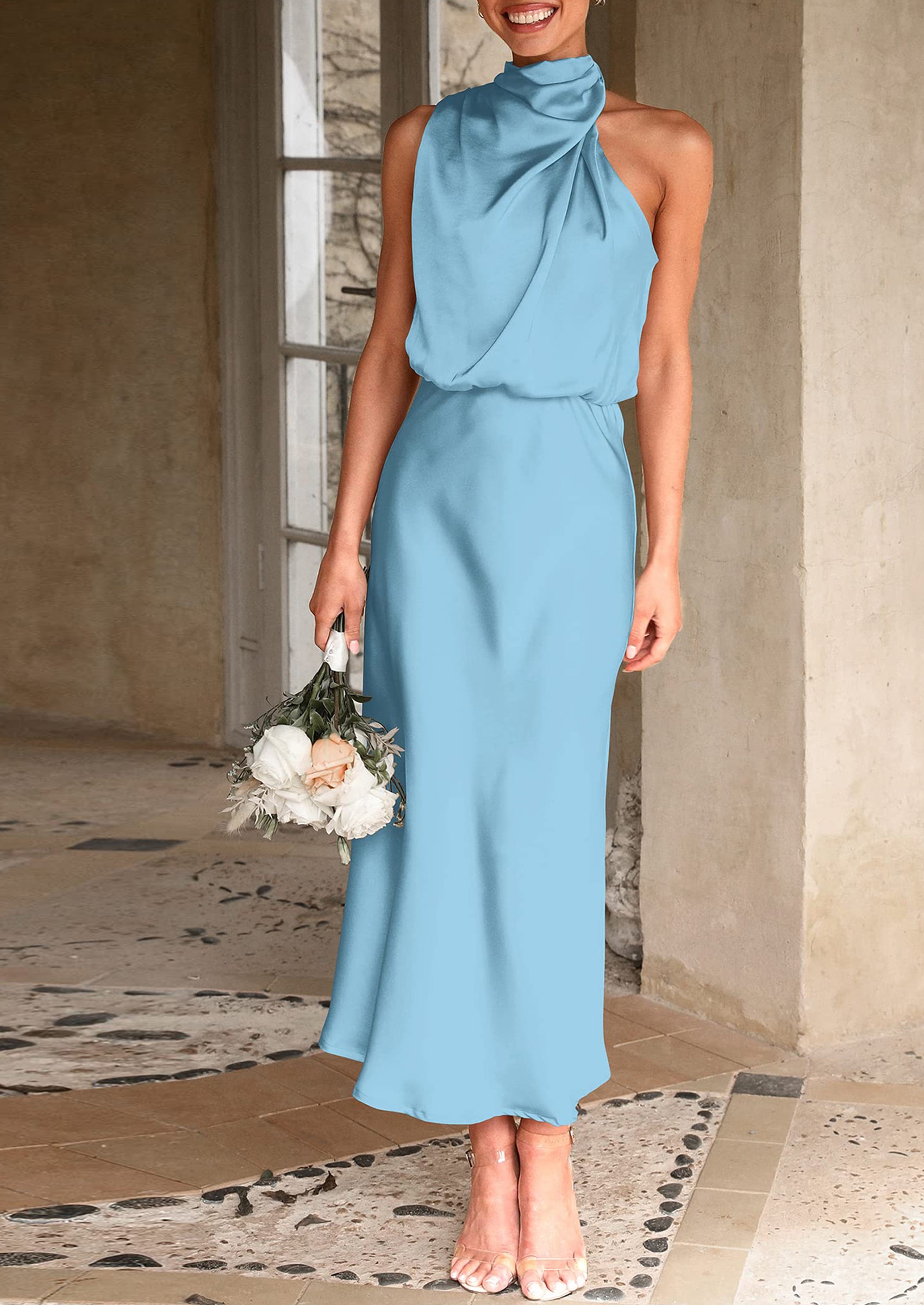 PRETTYGARDEN Women's Summer Satin Dress Elegant Sleeveless Mock Neck Cocktail Party Maxi Dresses