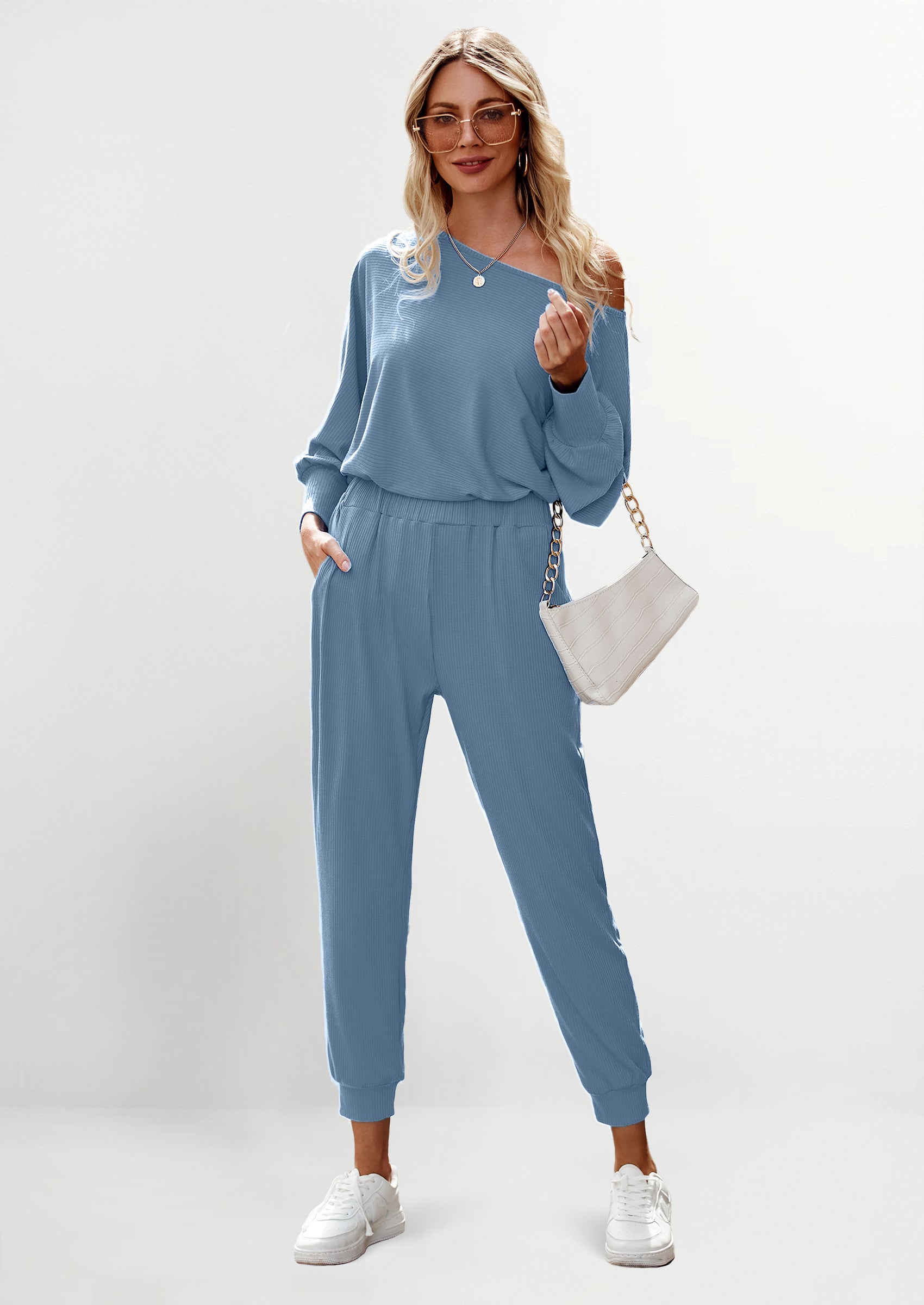 PRETTYGARDEN Women's 2 Piece Ribbed Tracksuit Outfits Off Shoulder Long Sleeve Pullover Lounge Pants with Pockets