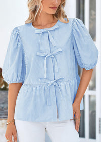 PRETTYGARDEN Women's Tie Front Striped Shirt Summer Trendy Fashion Cute Babydoll Tops Peplum Puffy Sleeve Blouse